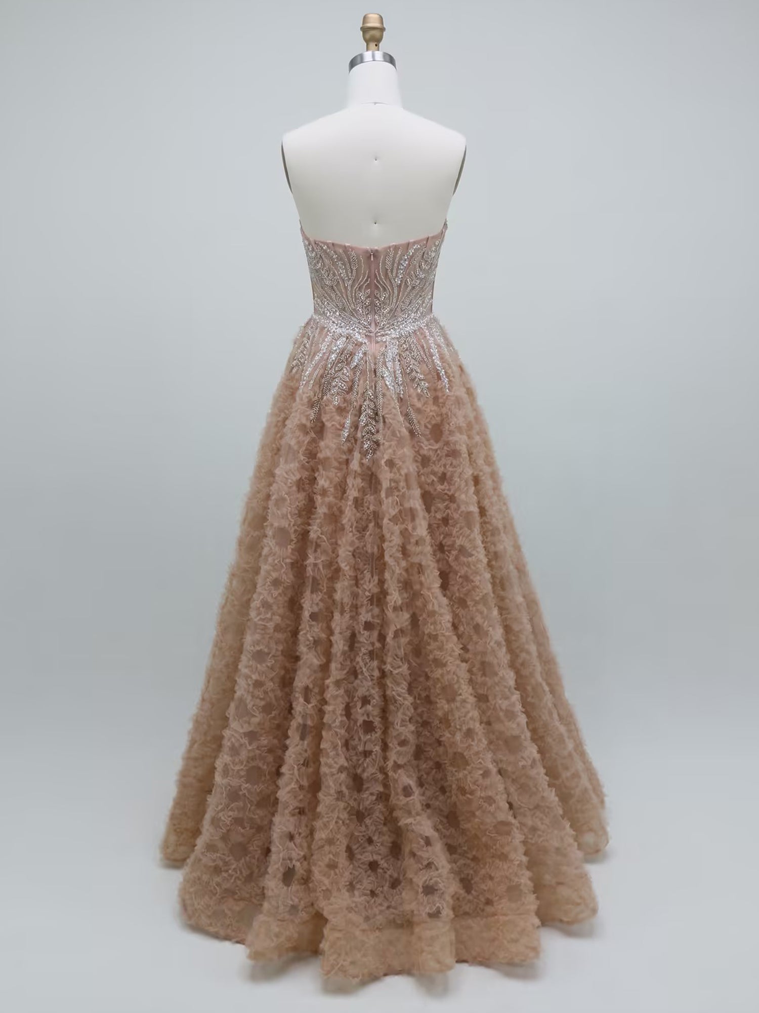 Nude Champagne Strapless Crystal Corset Textured Long Prom Dress