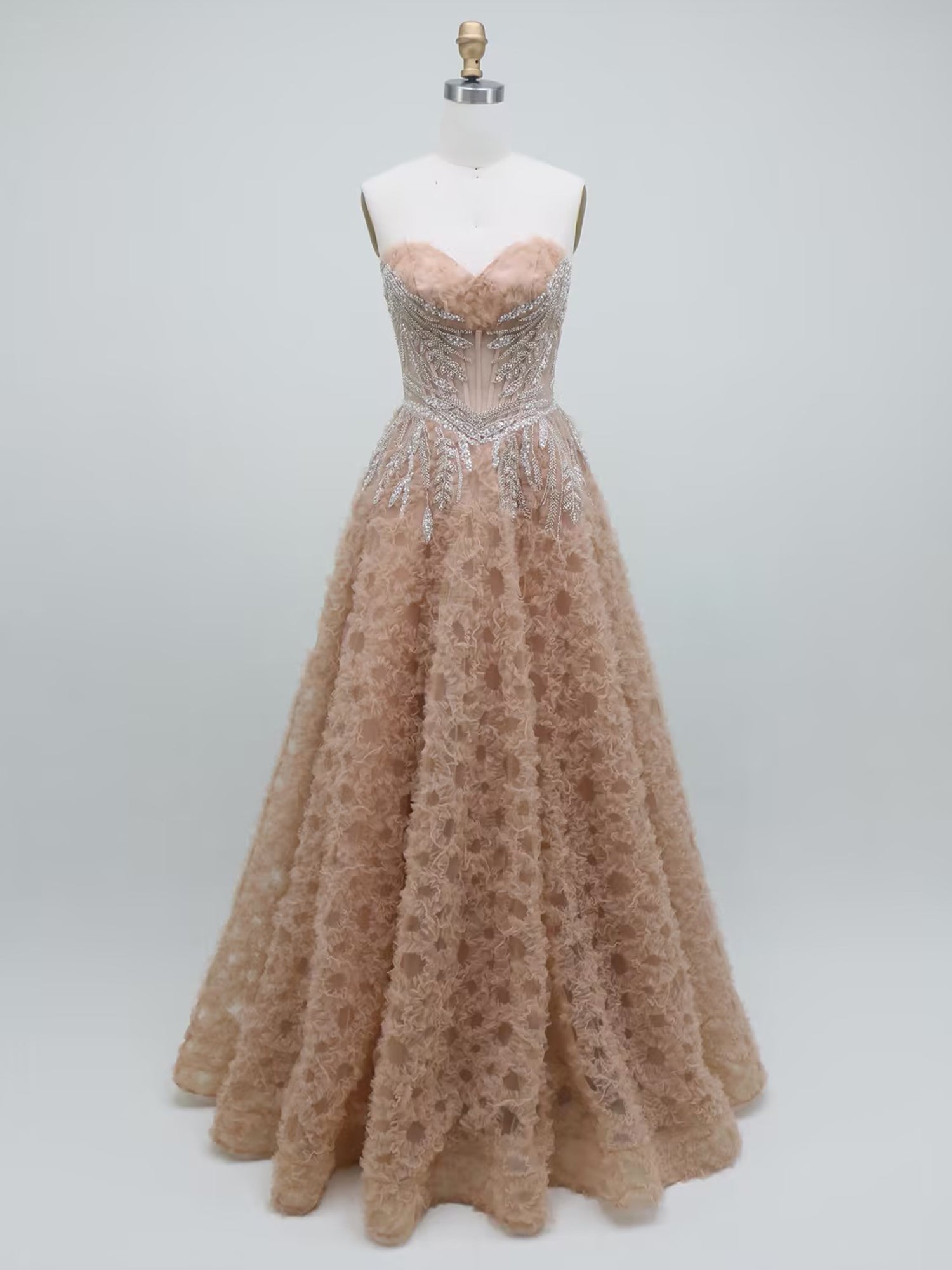 Nude Champagne Strapless Crystal Corset Textured Long Prom Dress