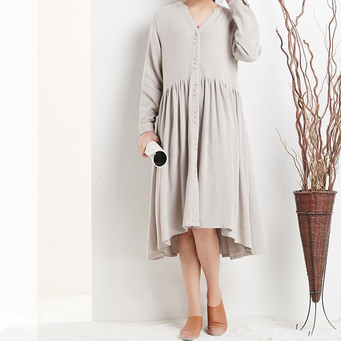 Nude linen dresses long sleeves fit flare sundresses oversize causal shirt dress