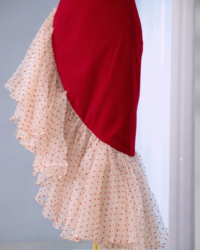 Vintage Red Velvet Ruffle Party Dress Mermaid Birthday Dress - View 5 | FashionDia