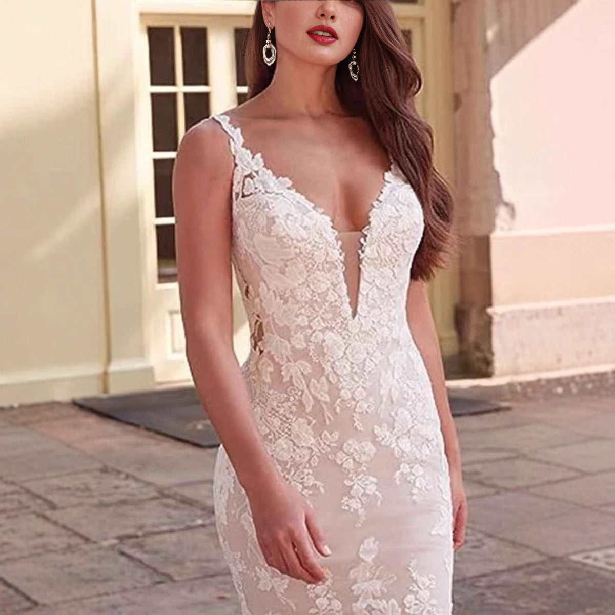 V-Neck Lace Mermaid Bridal Wedding Dress - Fashionpara