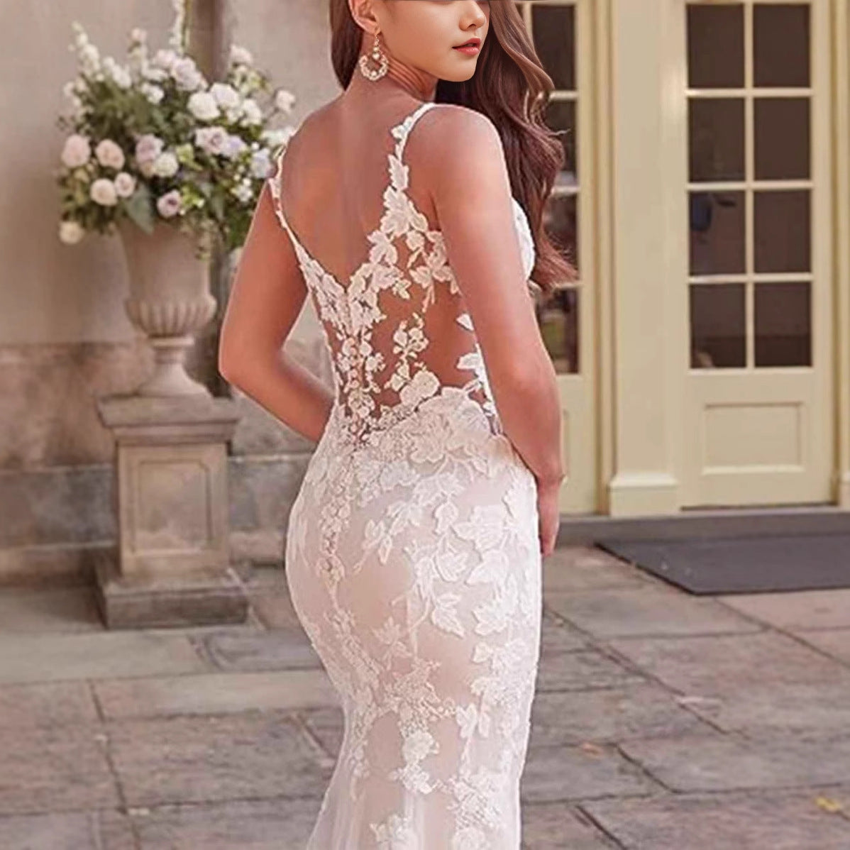 V-Neck Lace Mermaid Bridal Wedding Dress - Fashionpara
