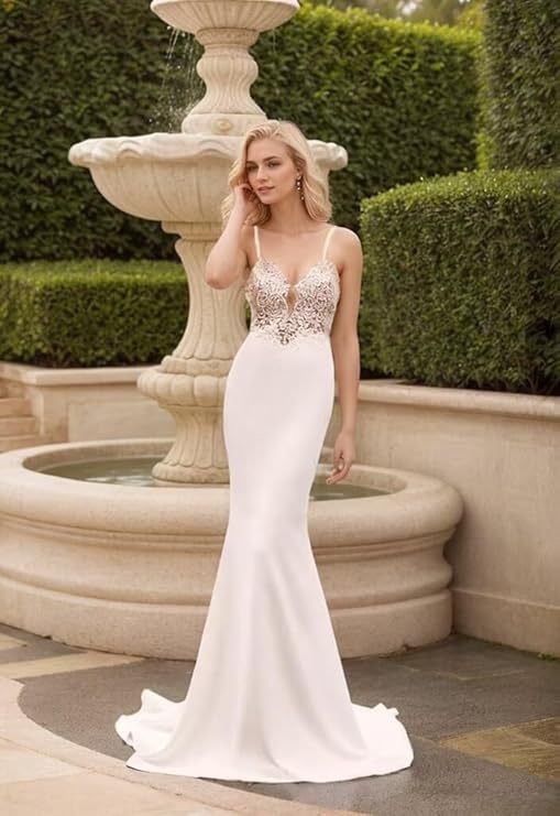 French Spaghetti Strap Mermaid Wedding Dress - Fashionpara