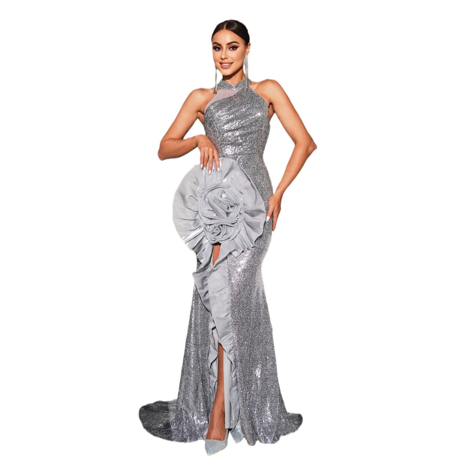 Silver Flower Embellished Halter High Split Event Dress