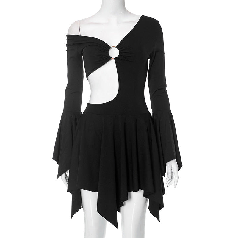 Viviana Exclusive Women's Asymmetric Dress with Innovative Cut Out and Wide Flared Sleeves Boutique Collection