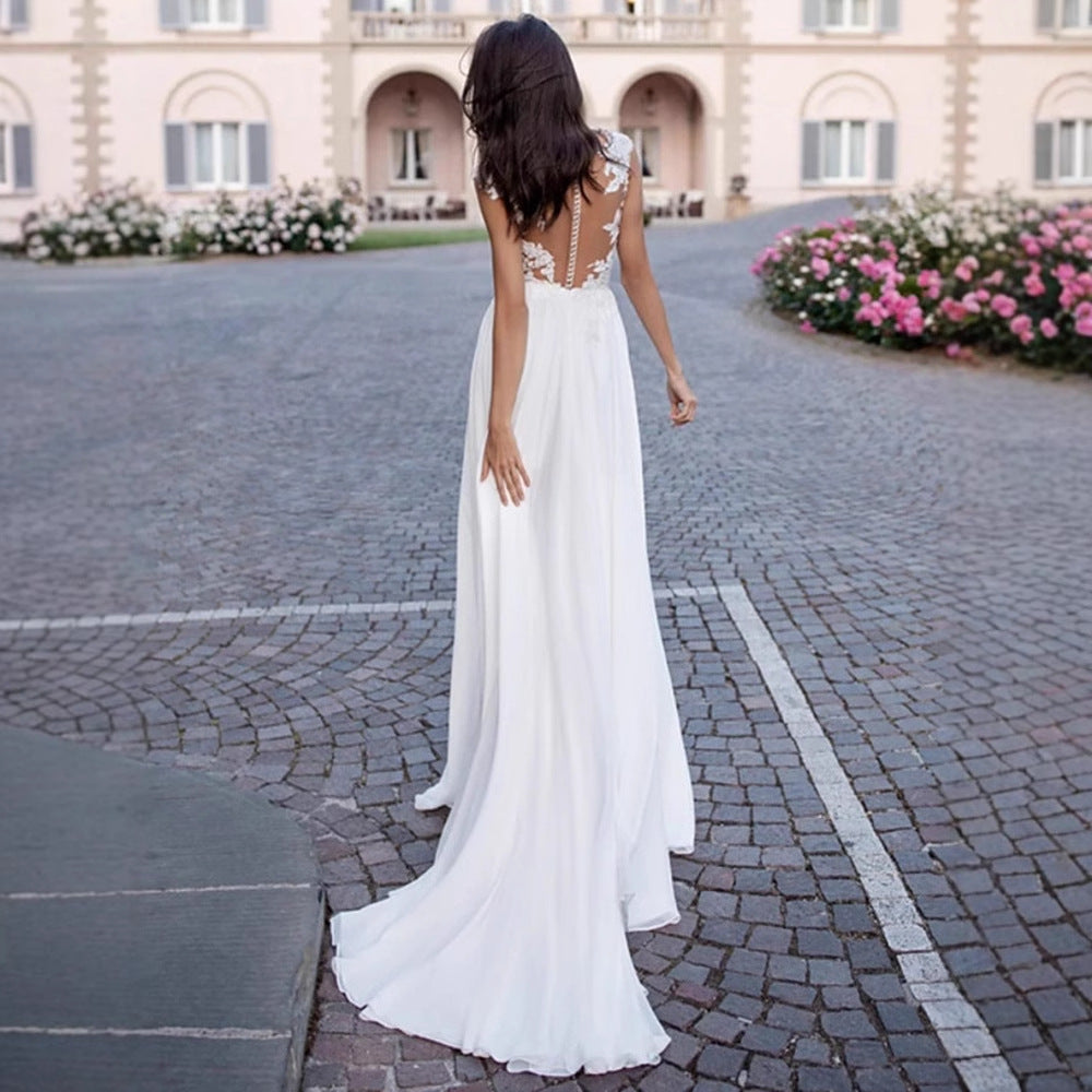 U-Neck Long Sleeve Backless Wedding Dress - Fashionpara
