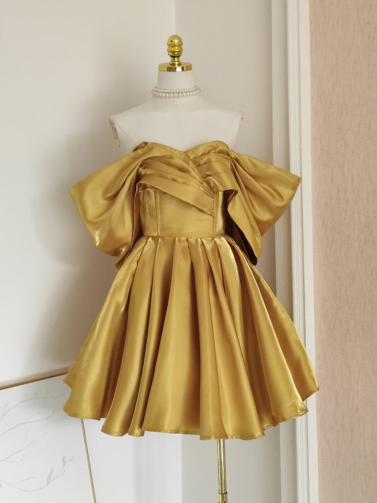 Sexy A-Line Off-the-Shoulder Yellow Satin Travel Vacation Dresses Short Birthday Dress - FashionDia