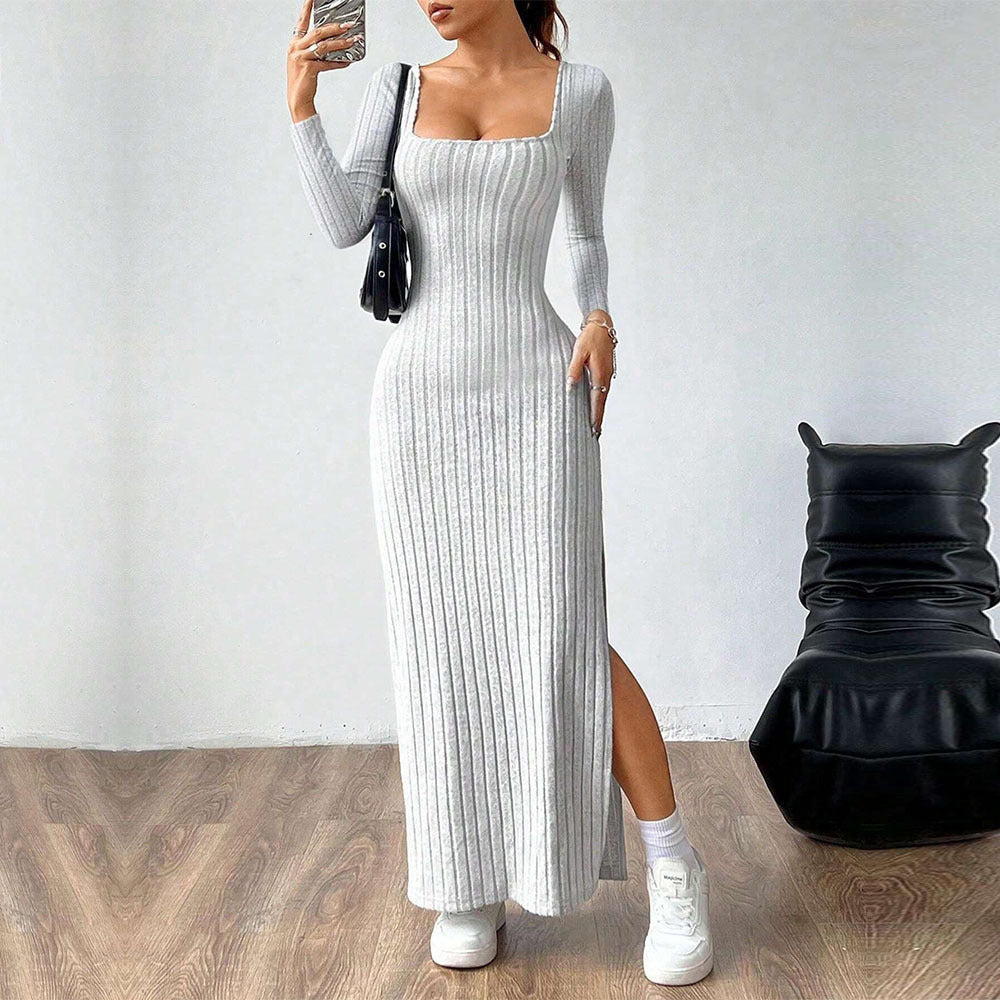 Simple Elegant Dress Square Collar Backless Long Sleeve Mid Length Dress