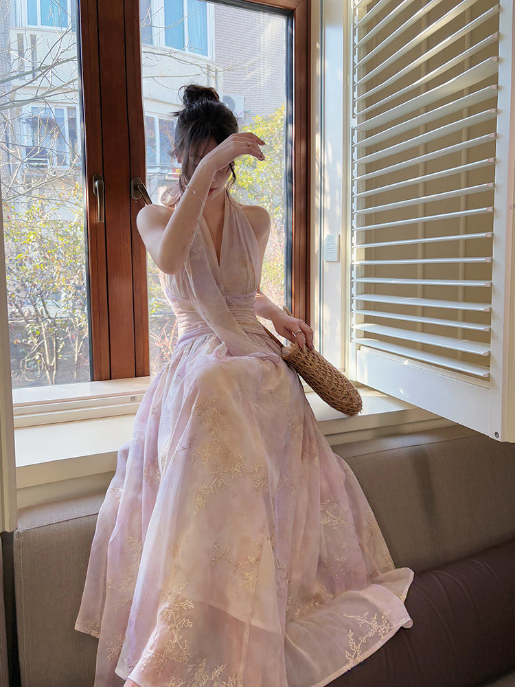 French-Style EmbroideredLong Dress Halter Neck Floral Maxi Dress L79