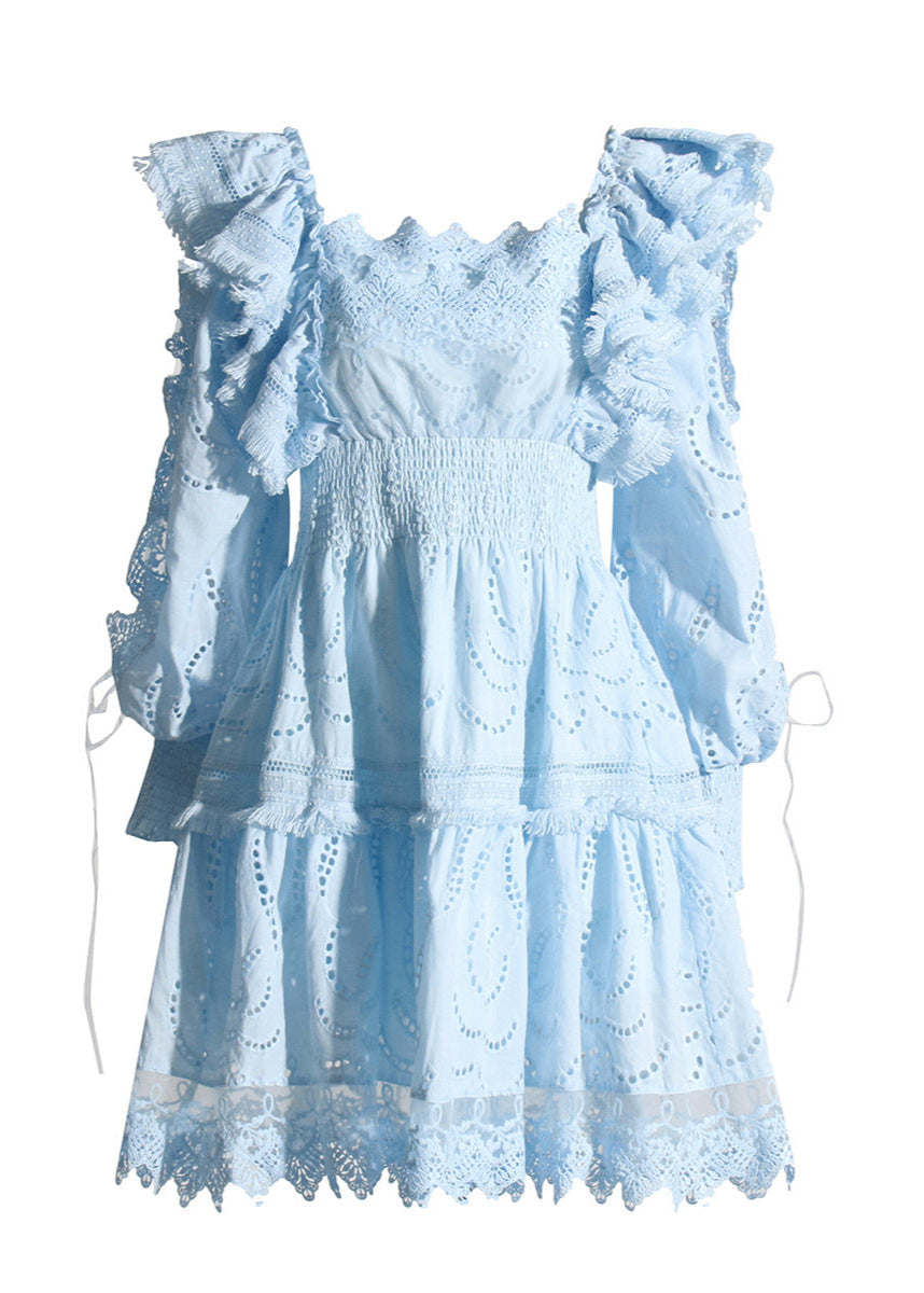 Seraphina Broderie Puff Sleeve Dress Blue Smocked A Line Mini