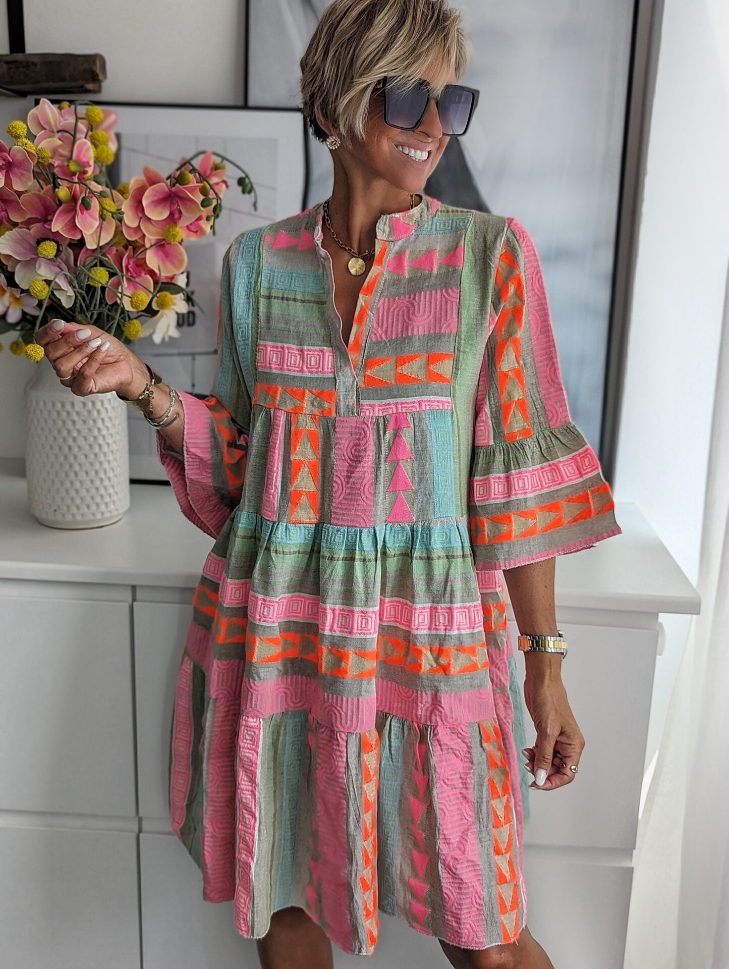 Hannah Effortless Bohemian Dress with Ethnic Print Premium Wardrobe Essential