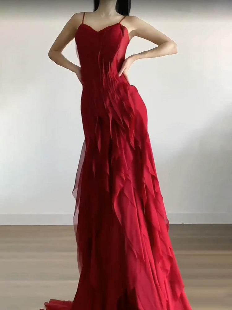 Sexy Mermaid Spaghetti Straps Red Chiffon Ruffles Birthday Dresses Long Prom Dress - View 3 | FashionDia