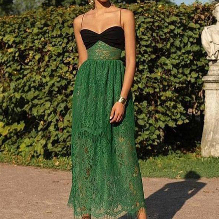 Women Clothing Chic Suspenders Lace Green Hollow Out Cutout Holiday Mopping Maxi Dress