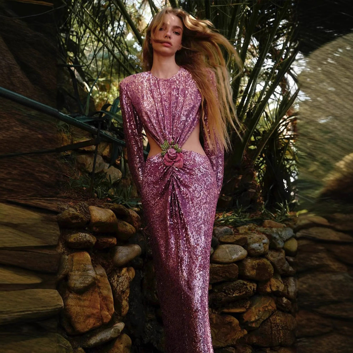 Ruched Sequin Waist Cutout Prom Dress - Fashionpara