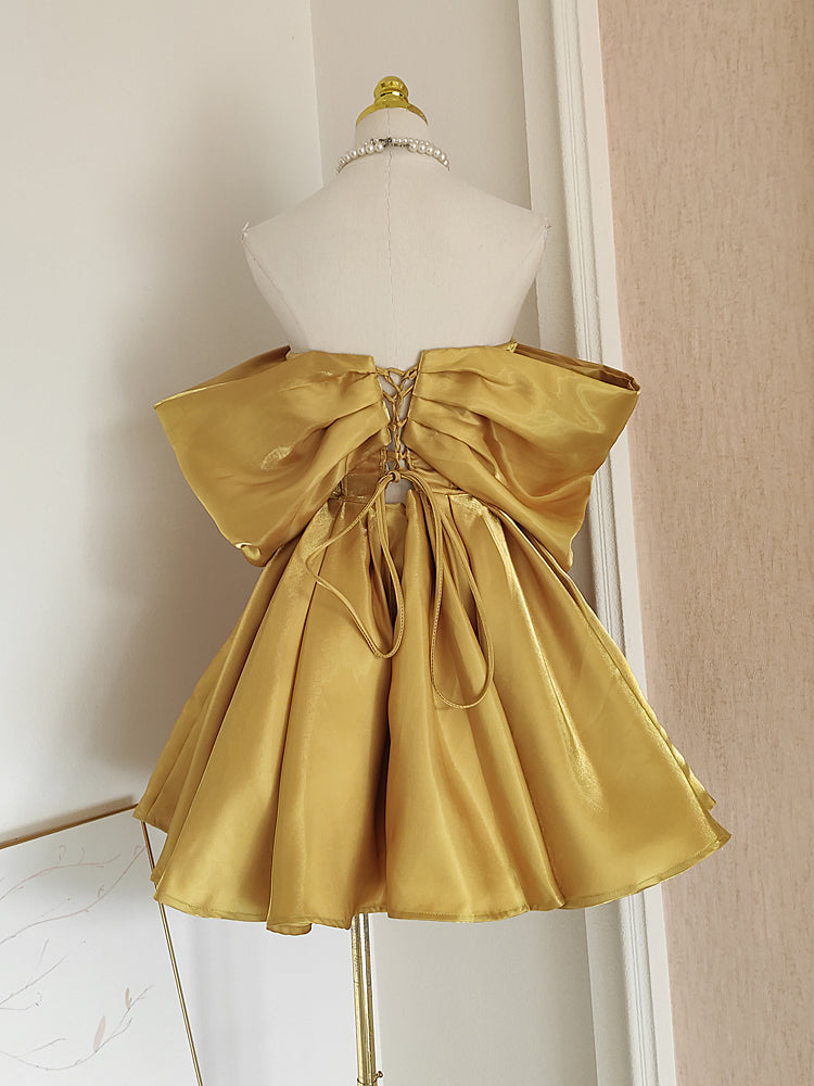 Sexy A-Line Off-the-Shoulder Yellow Satin Travel Vacation Dresses Short Birthday Dress - View 2 | FashionDia