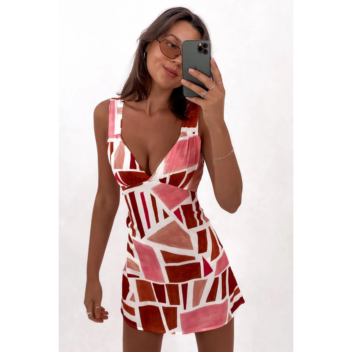 Arrival Square Printed V - neck Slim Fit Short Dress Abstract Floral