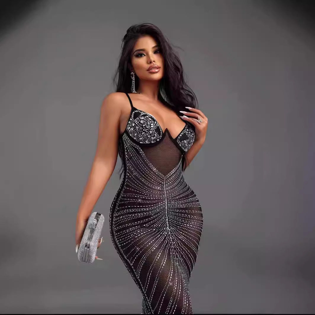 Elegant V-neck Rhinestone Sparkling Backless Prom Dress - Fashionpara