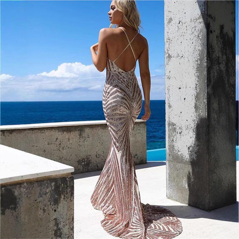 Chic Backless Lace Sequin Prom Dress - Fashionpara