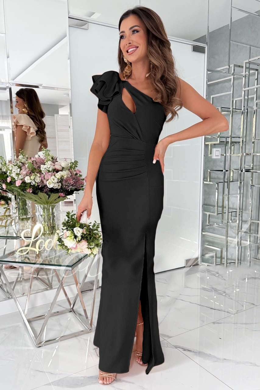 Yoselin Luxe Women's Asymmetric Maxi Dress with Side Slit and Ruffle Detail Chic Silhouette Collection