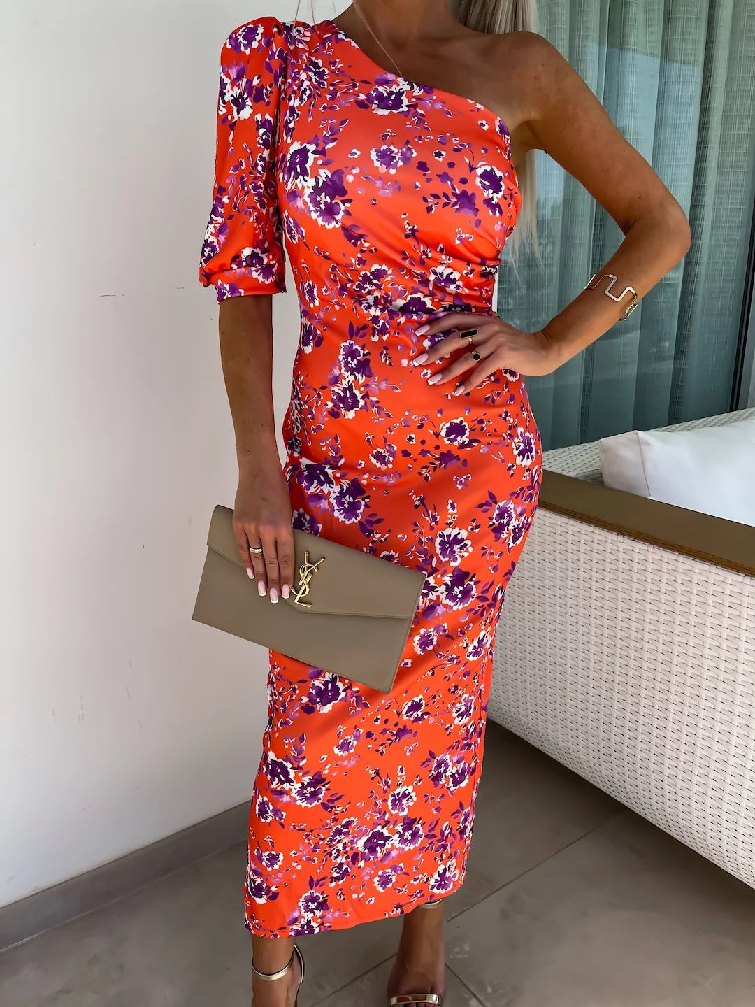 Yesica Minimalist Women's Asymmetric Maxi Dress with Puff Sleeves and Eye Catching Pattern Everyday Luxe Edit