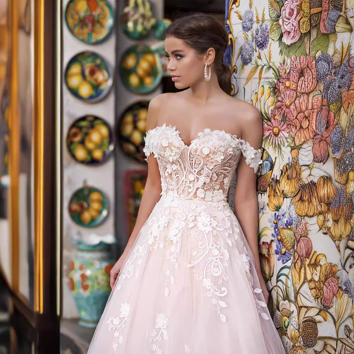 Lightweight Lace Long Train Wedding Dress - Fashionpara