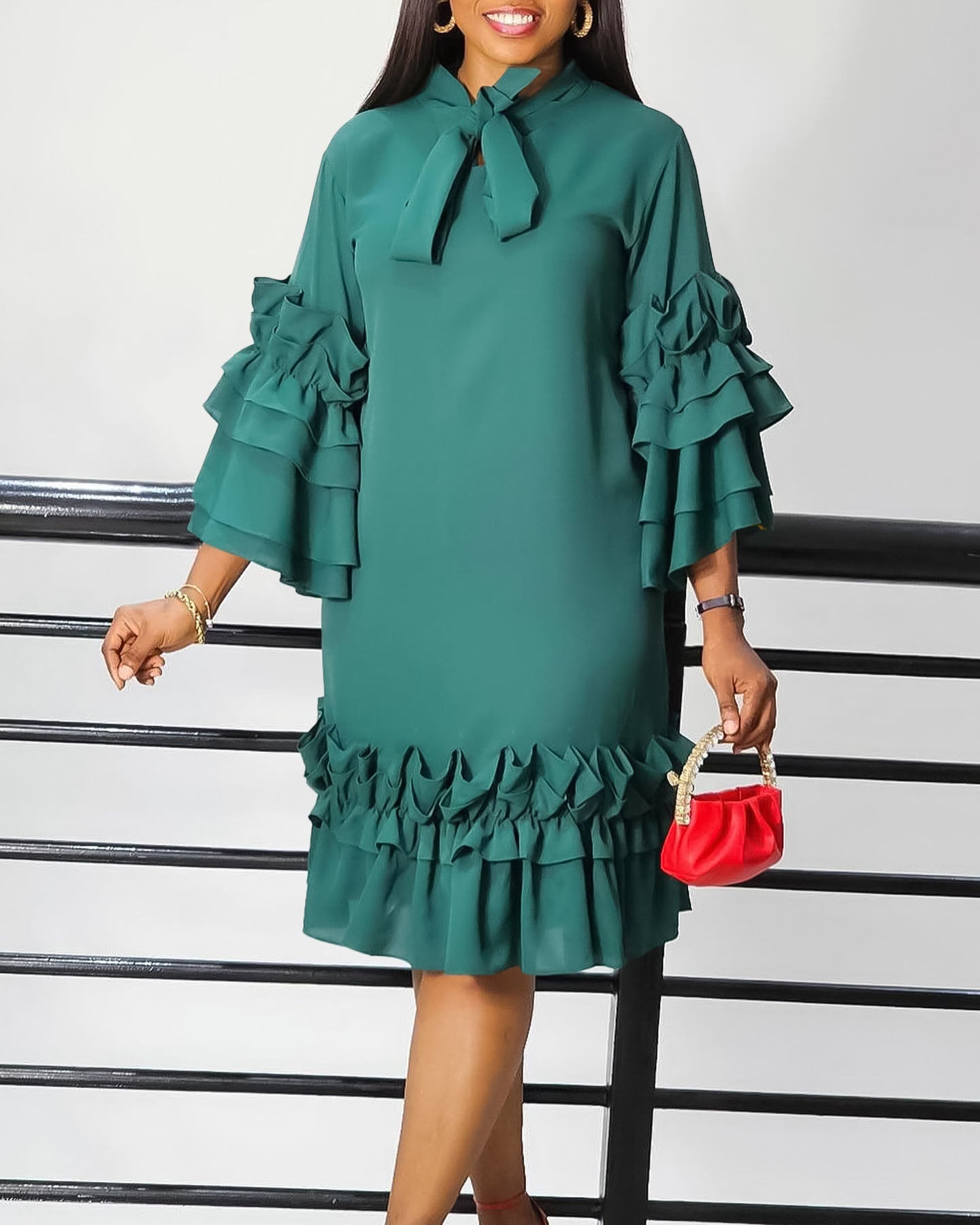 Chic Frilled Hem Bell Sleeve Solid Midi Dress - Fashionpara