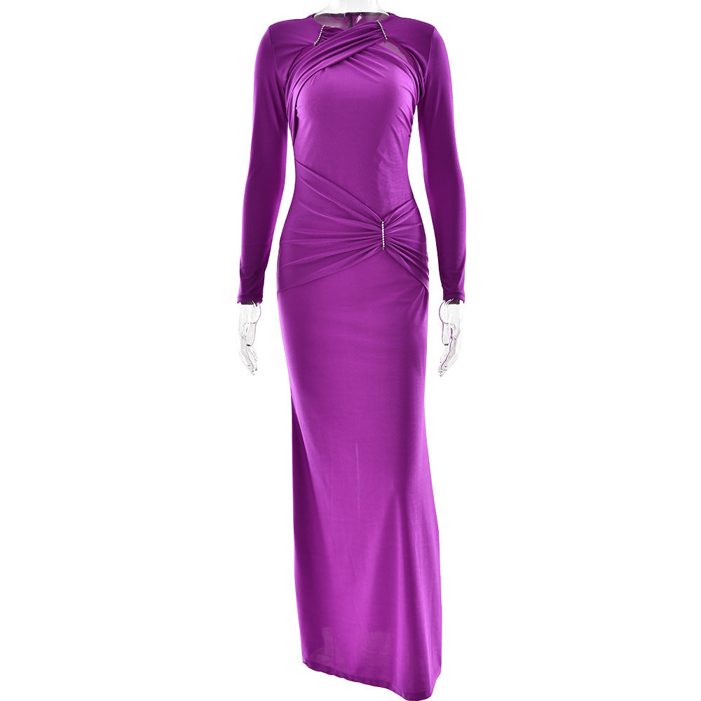 Dress Women round Neck Long Sleeve Sexy Slim Pleated Maxi Dress Graceful Dress