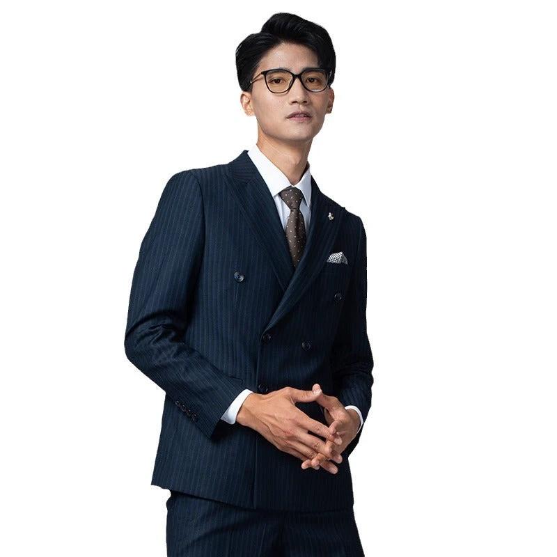 Double breasted suit men's suit British grey striped business casual suit men's formal suit slim fit groom's wedding dress by 男装
