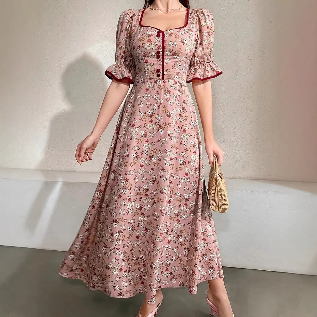 Noemí Effortless Women's Floral Print Maxi Dress with Chic Square Neckline and Puff Sleeves Everyday Luxe Edit