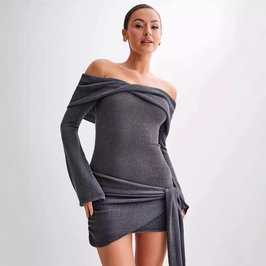Sidony Waist Knot Off Shoulder Knitted Mini Dress