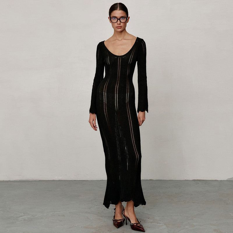 Solid Color Woolen Dress Long Sleeve U Collar Slim Fit Dress