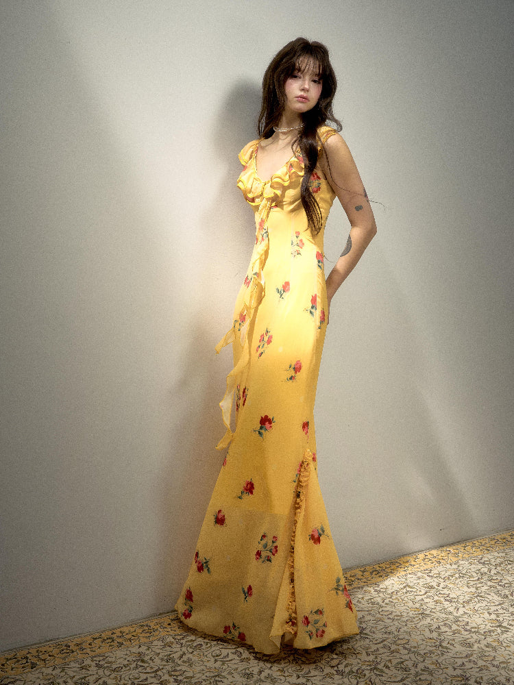Yellow Ruffled Suspender Floral Mermaid Maxi Dress L68