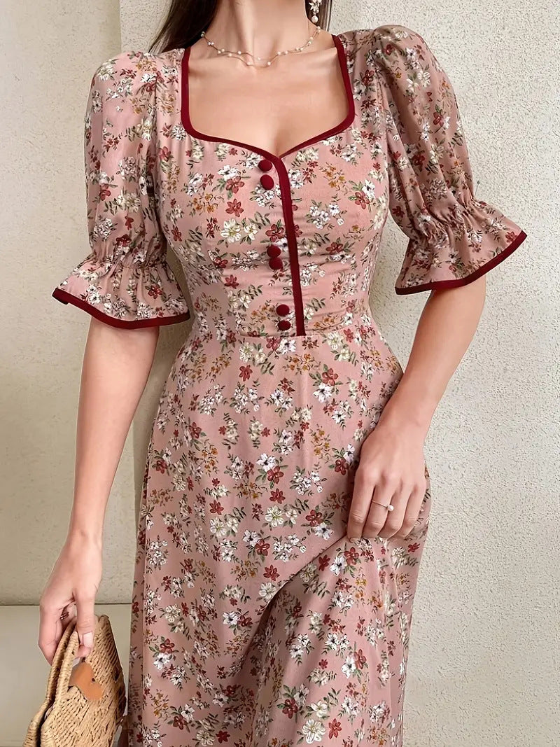 Noemí Effortless Women's Floral Print Maxi Dress with Chic Square Neckline and Puff Sleeves Everyday Luxe Edit