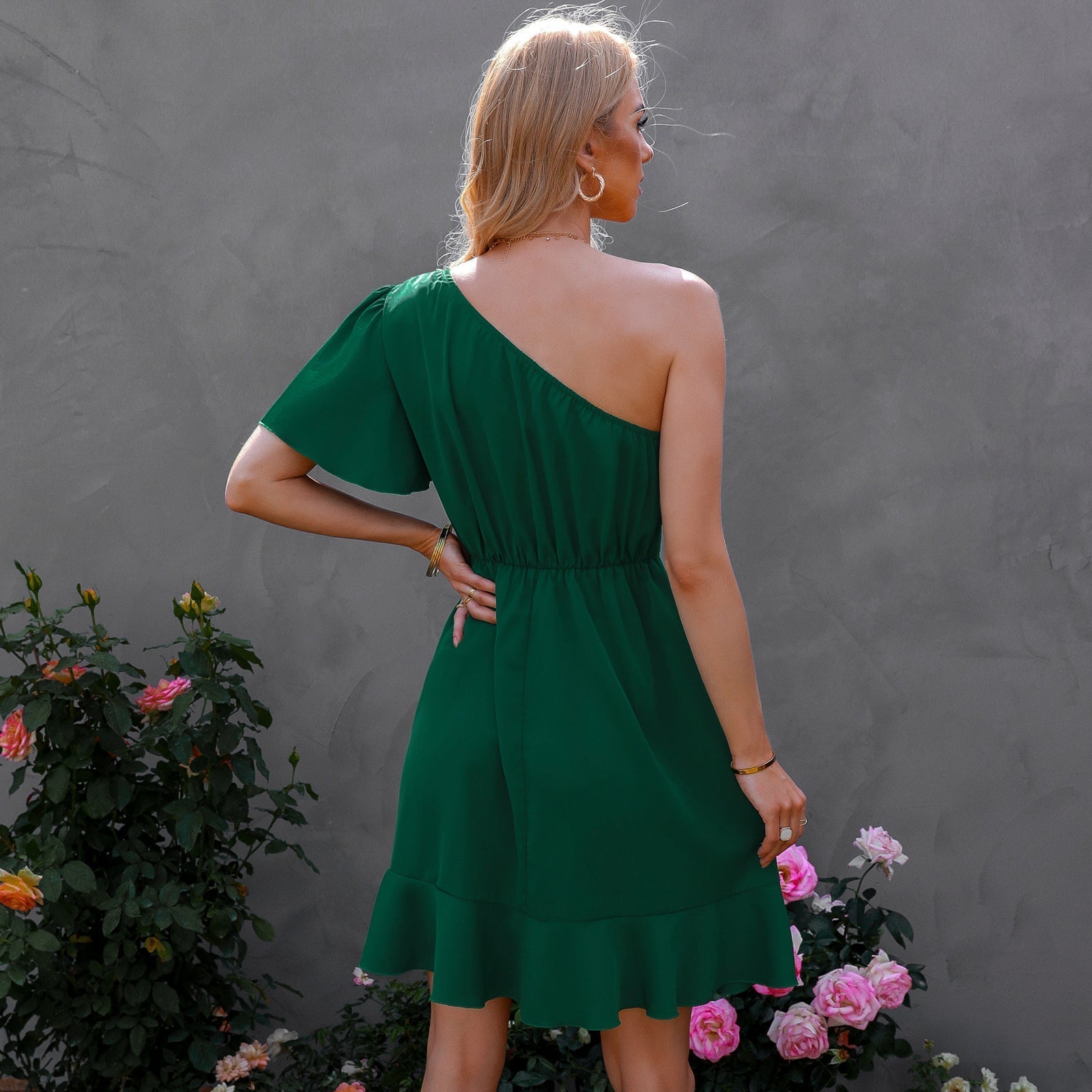 Kaine Satin One Shoulder Ruffle Dress Hunter Green FINAL