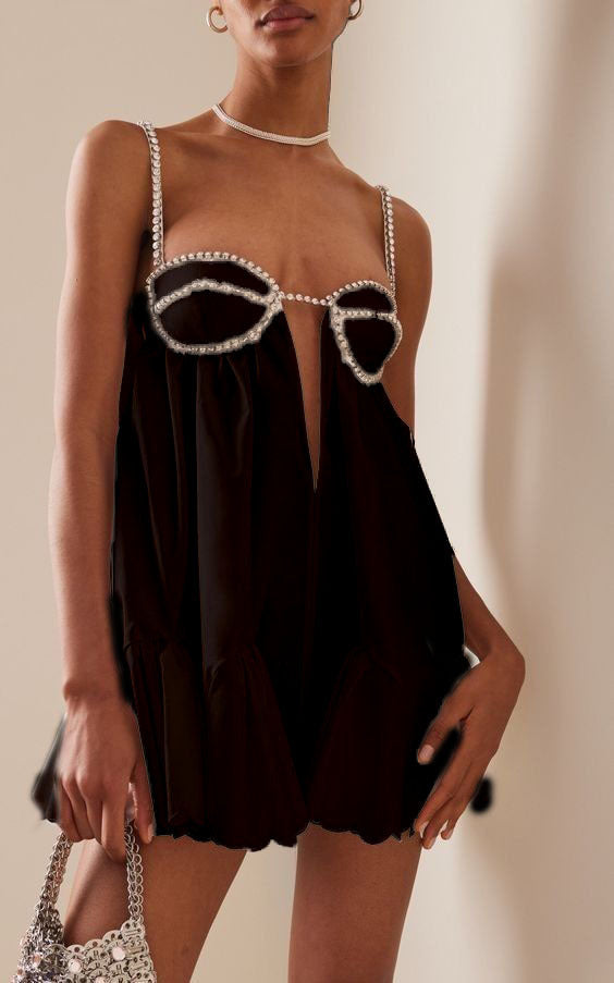 Pleated Rhinestone Cami Mini Dress - FashionDia