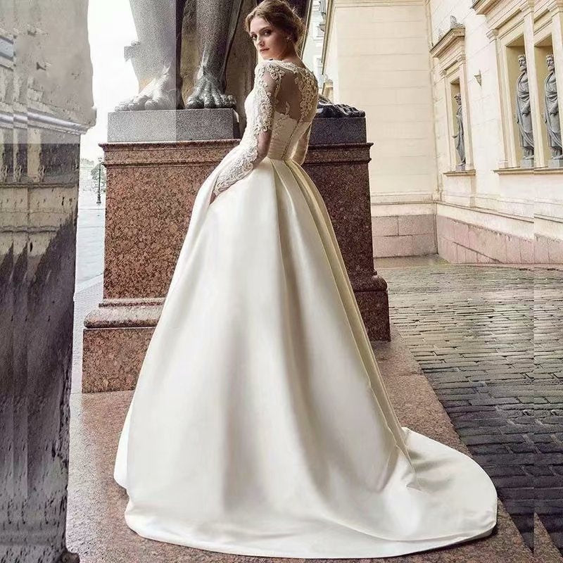 Round Neck Lace Satin Wedding Dress - Fashionpara