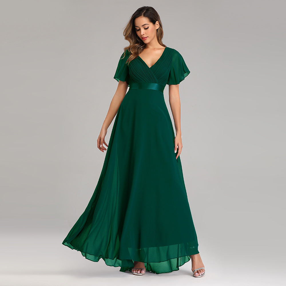 Hand - Folded Large V - neck Dress Chiffon Elastic Banquet Bridesmaid Evening Dress for