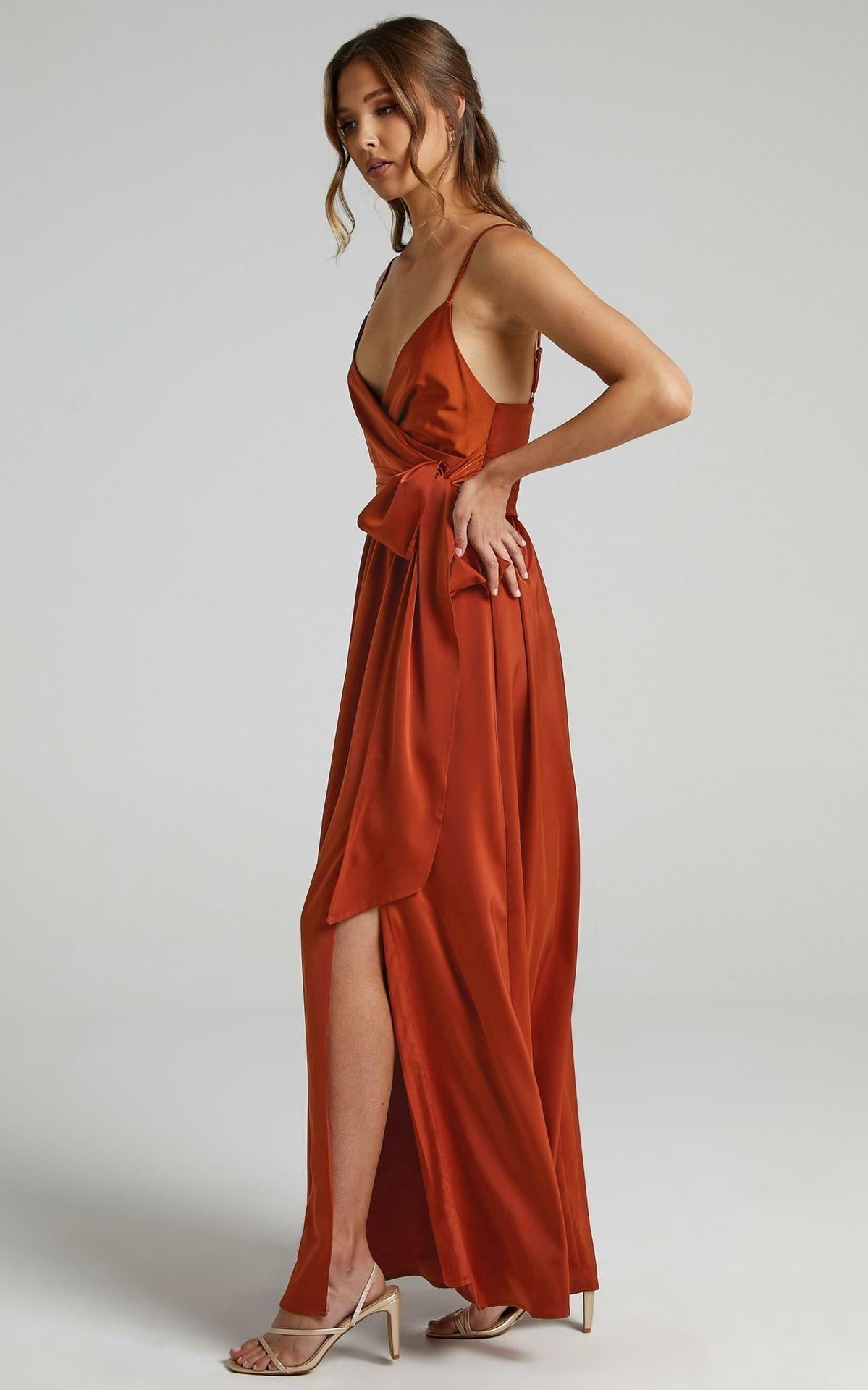 Limelight Satin High Low Maxi Dress Camel