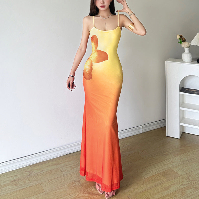 Gradient square neck backless contrast 2-way cami midi dress