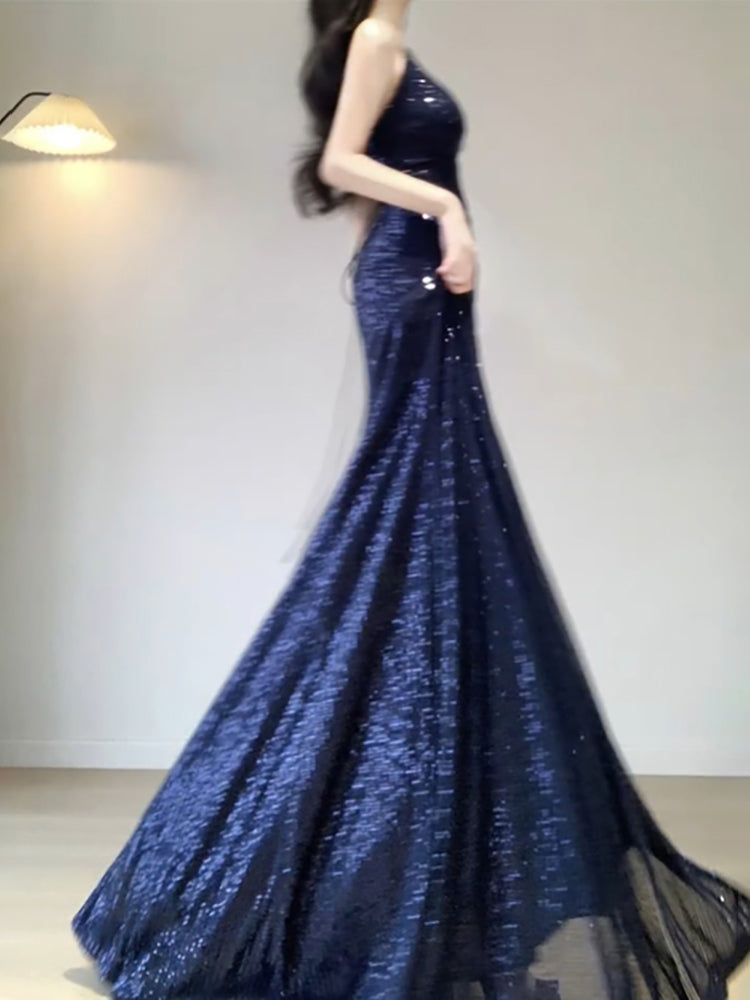 Chic Mermaid Spaghetti Straps Sequin Blue Prom Dress Birthday Dresses Birthday Outfits - View 2 | FashionDia
