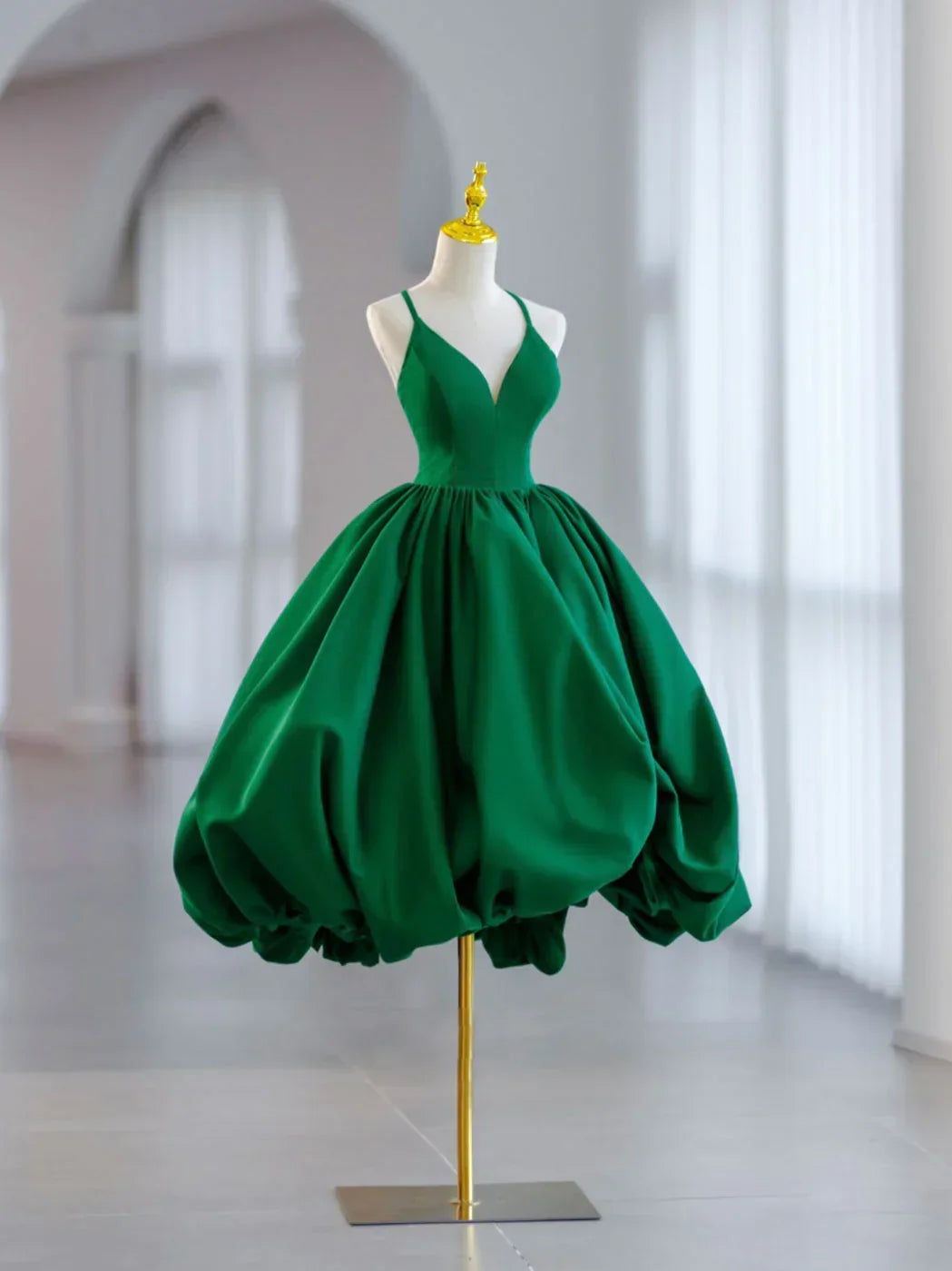 Green Ball Gown Satin Short Prom Dress, Green Satin Evening Dress Green Homecoming Dresses - FashionDia