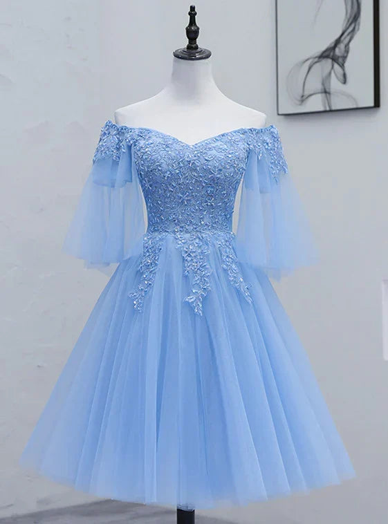 Lovely Light Blue With Lace Off Shoulder Short Prom Dress, Blue Homecoming Dresses