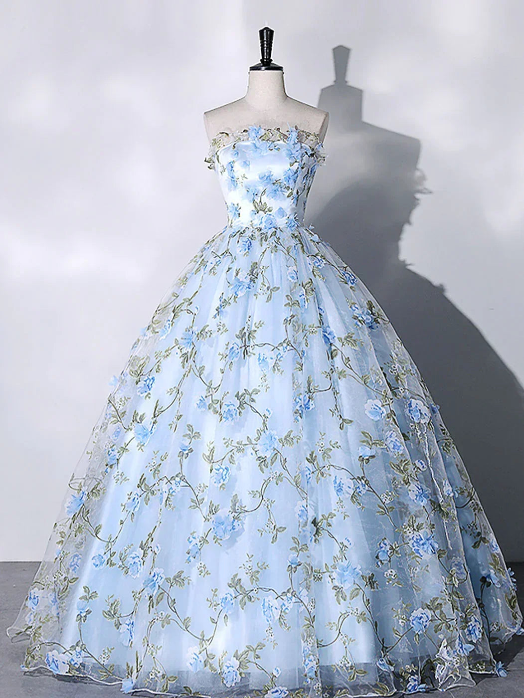 Blue Tulle Lace Long Prom Dresses, Ball Gown Blue Sweet 16 Dresses - FashionDia