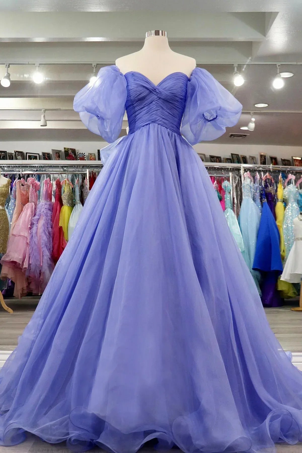 Lavender Tulle A-line Off-Shoulder Puff Sleeves Pleated Long Prom Dress - FashionDia