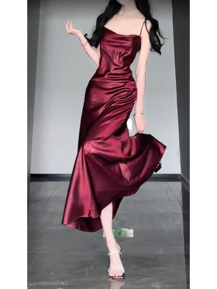Chic Sheath Spaghetti Straps Christmas Dress Burgundy Prom Dresses Birthday Outfits - FashionDia