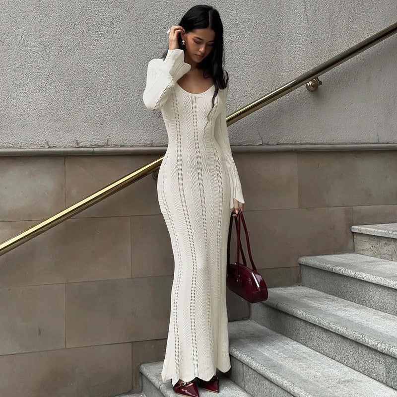 Solid Color Woolen Dress Long Sleeve U Collar Slim Fit Dress