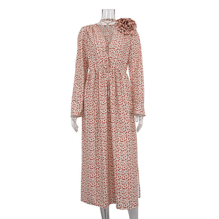 Early Floral Dress Deep V Plunge - neck Lace Up Waist Side Slit Dress