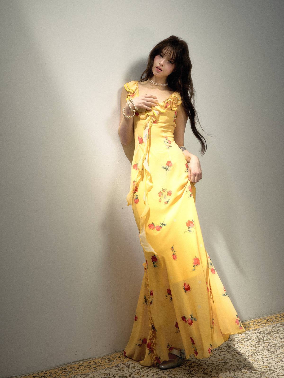 Yellow Ruffled Suspender Floral Mermaid Maxi Dress L68