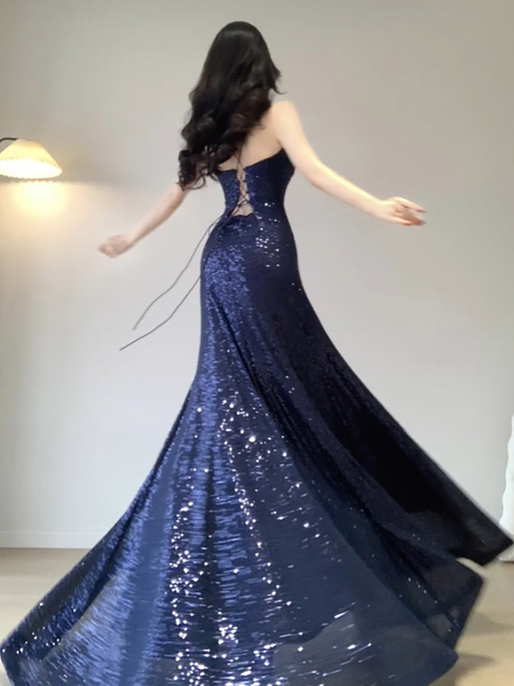 Chic Mermaid Spaghetti Straps Sequin Blue Prom Dress Birthday Dresses Birthday Outfits - View 3 | FashionDia