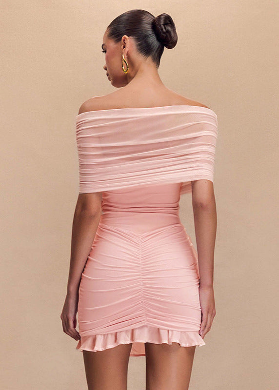 Off Shoulder Mesh Ruched Mini Dress